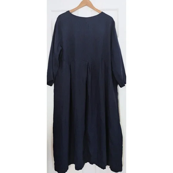 LINTICO Navy Blue Linen Pleated Midi Dress XXL 3/4 Sleeve Pockets Lagenlook - Picture 3 of 7